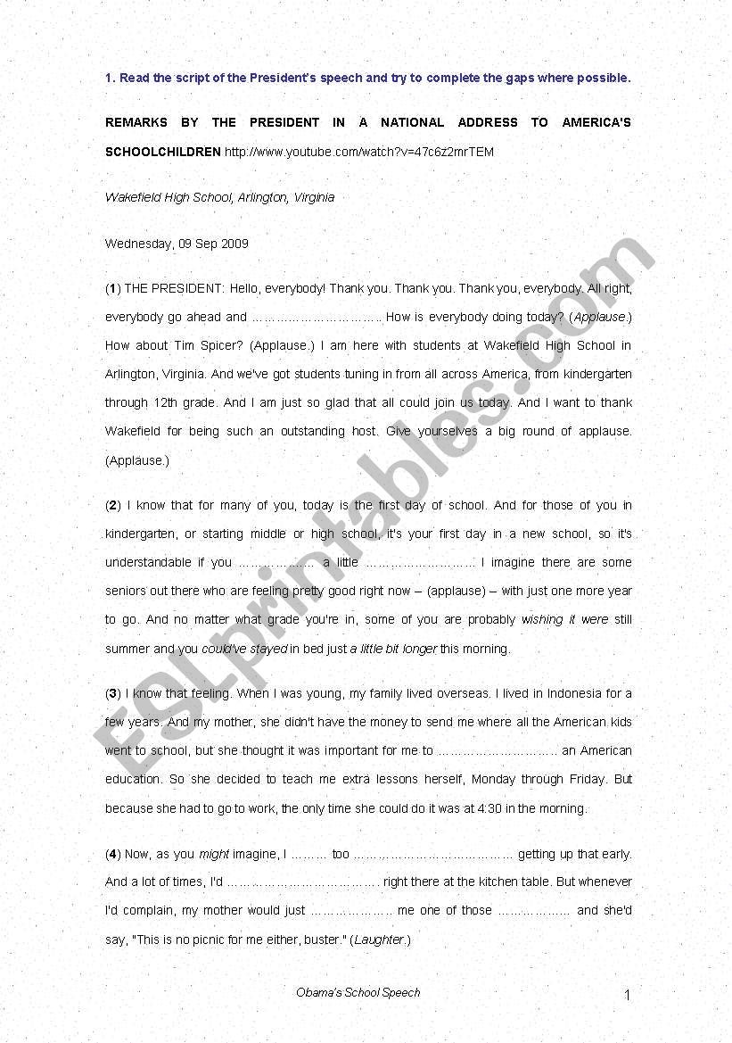 Listening Activity Script Of The President S Obama Speech Esl Worksheet By M Nastya1986