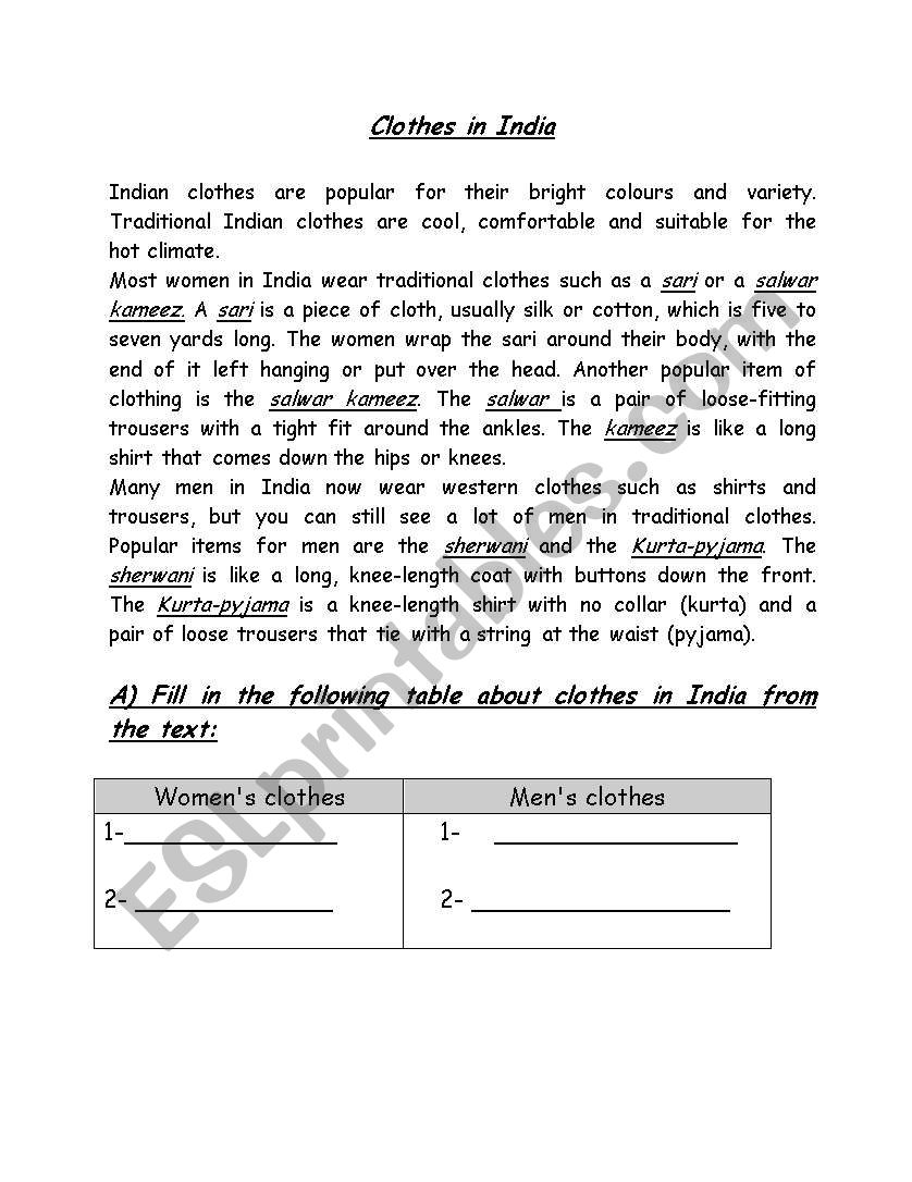 clothes in India worksheet