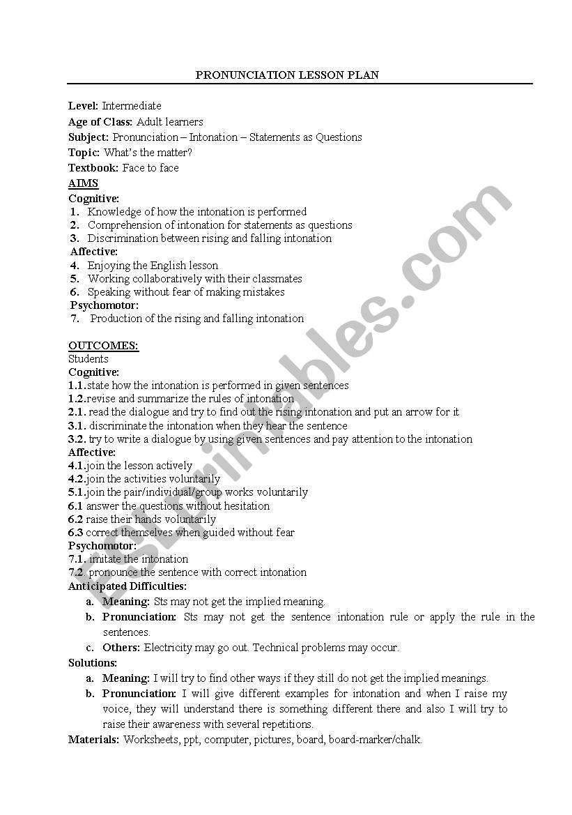  intonation lesson plan worksheet