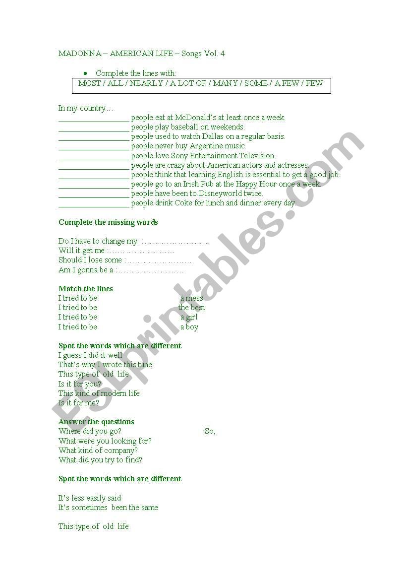 Madonna - American Life worksheet