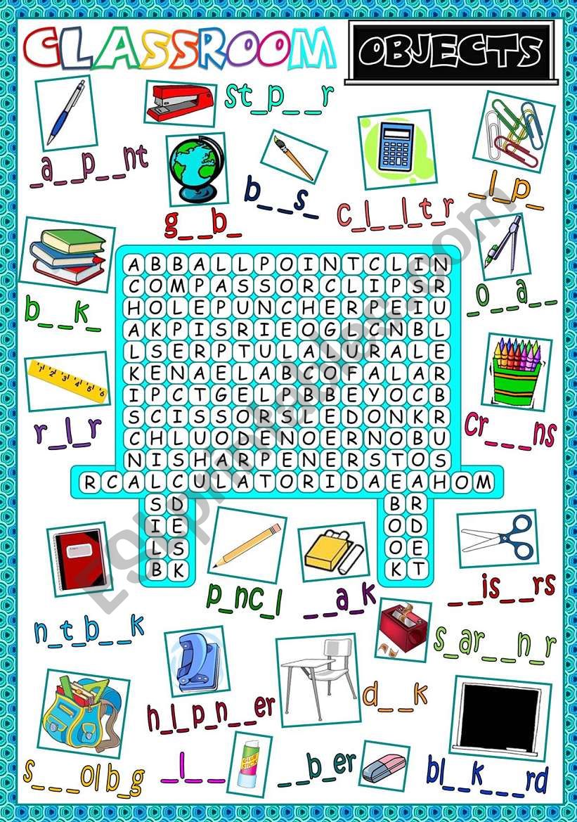 Classroom objects - WORDSEARCH (B&W included)