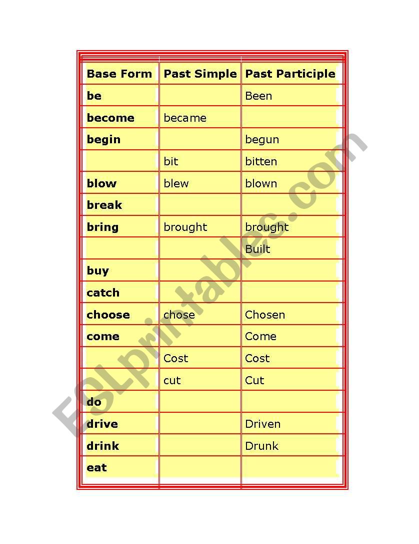 Irregular verbs part1 worksheet