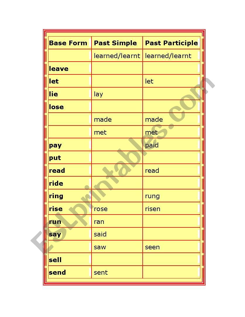 Irregular verbs part2 worksheet