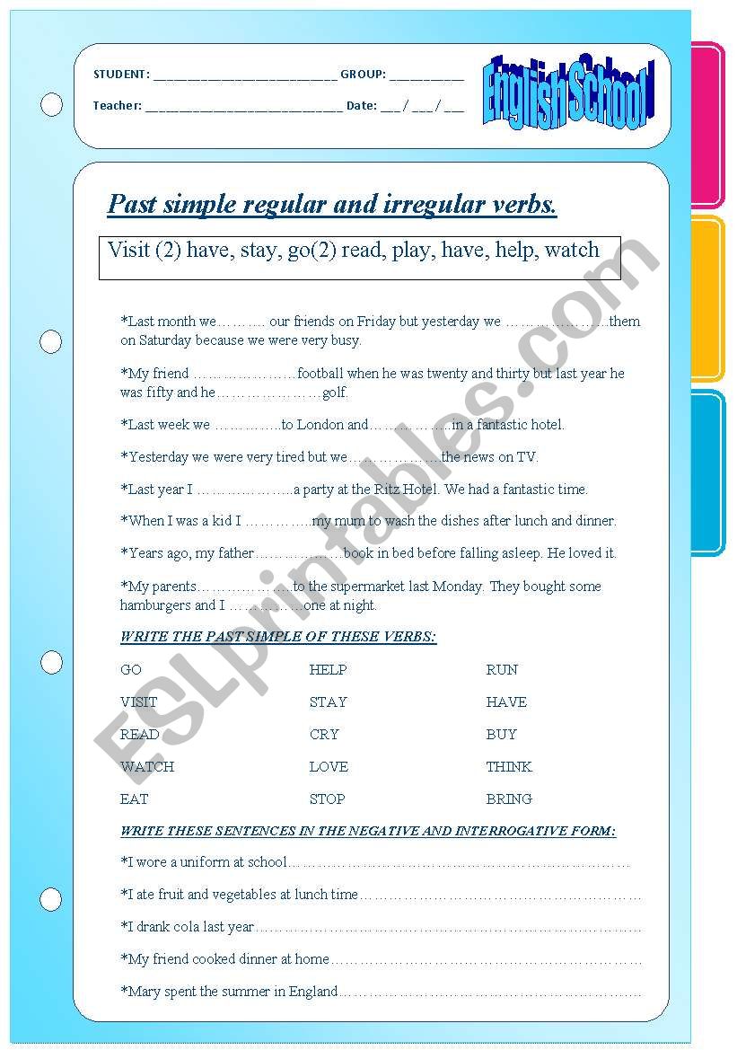 Past simple regular and irregular verbs. Four page practice.