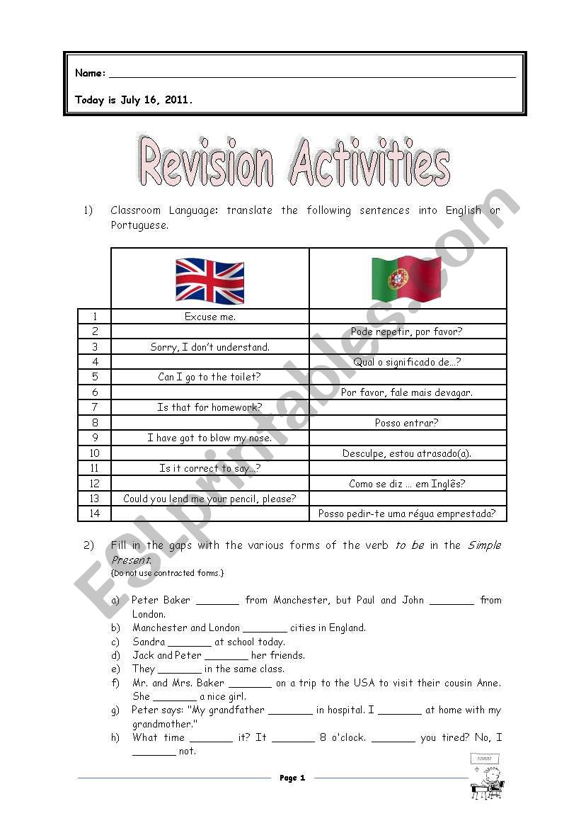 Revision Activities / Test worksheet