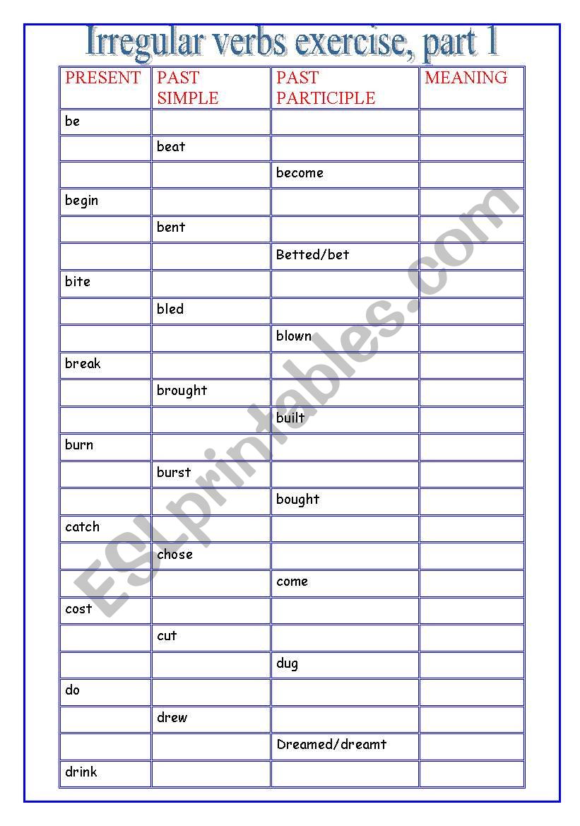 irregular verb worksheet