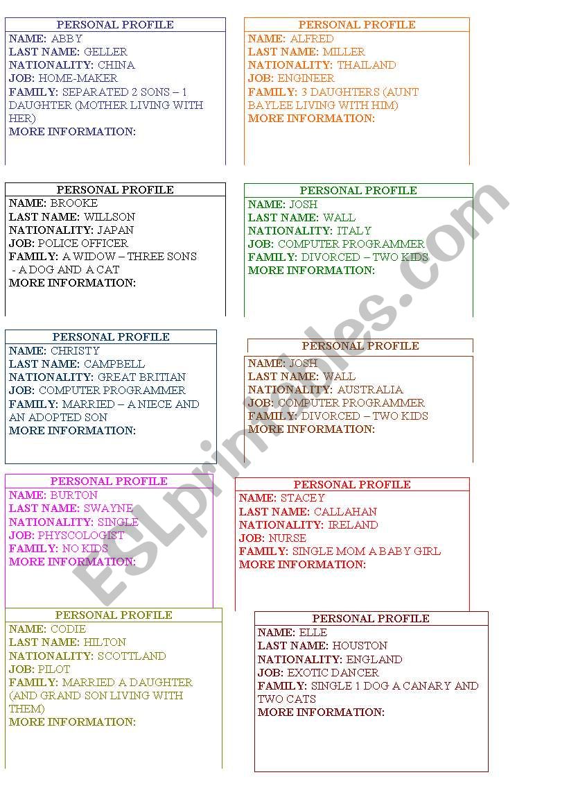 Personal profile cards worksheet