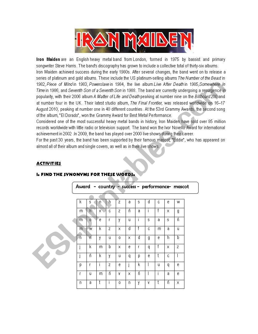 Reading Activity Iron Maiden  worksheet