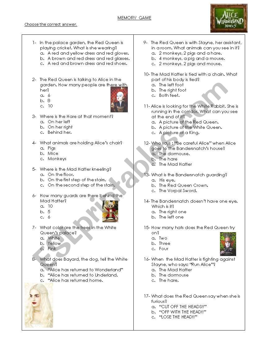 Alice in Wonderland worksheet