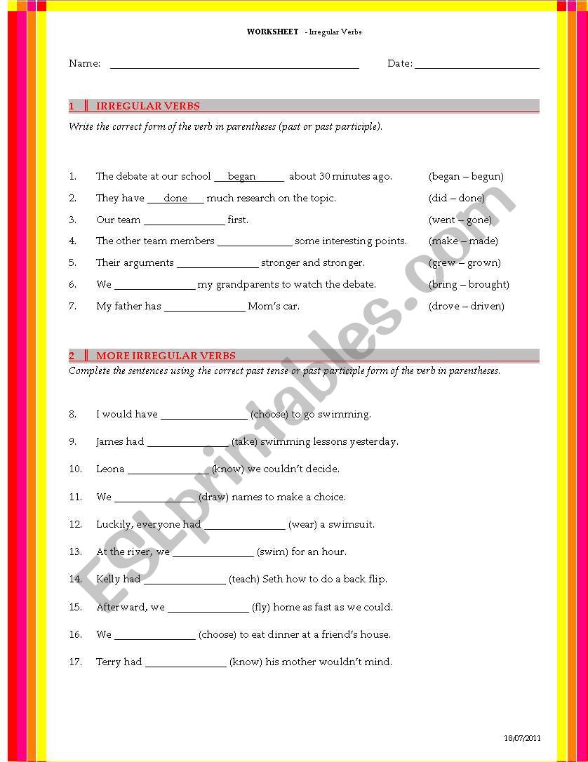 Irregular Verbs worksheet