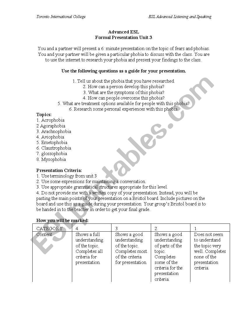 Advanced ESL Phobias  worksheet