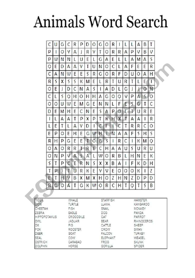 animals word search worksheet