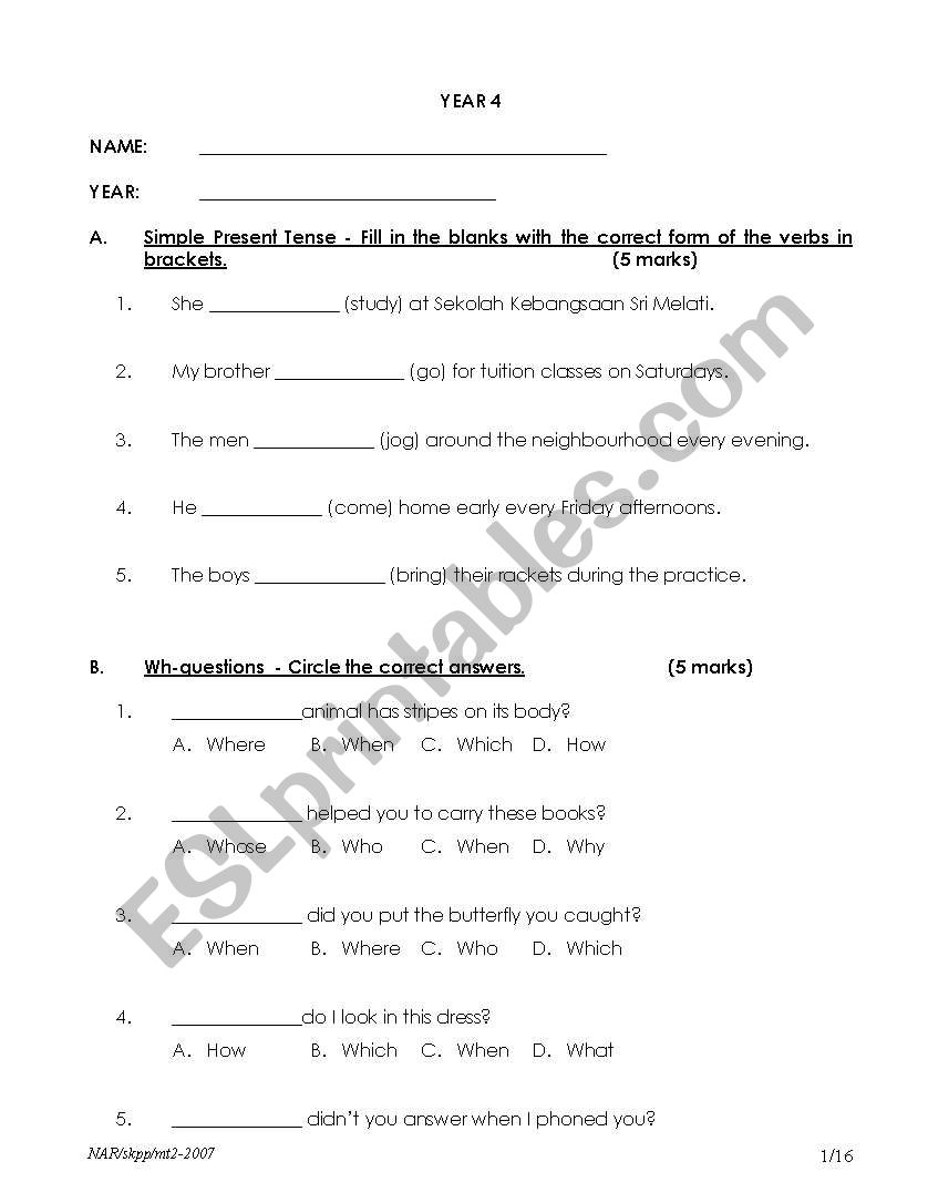 Year 4 Examination Paper worksheet