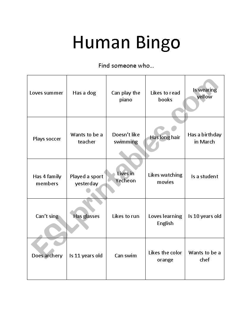 Human Bingo worksheet