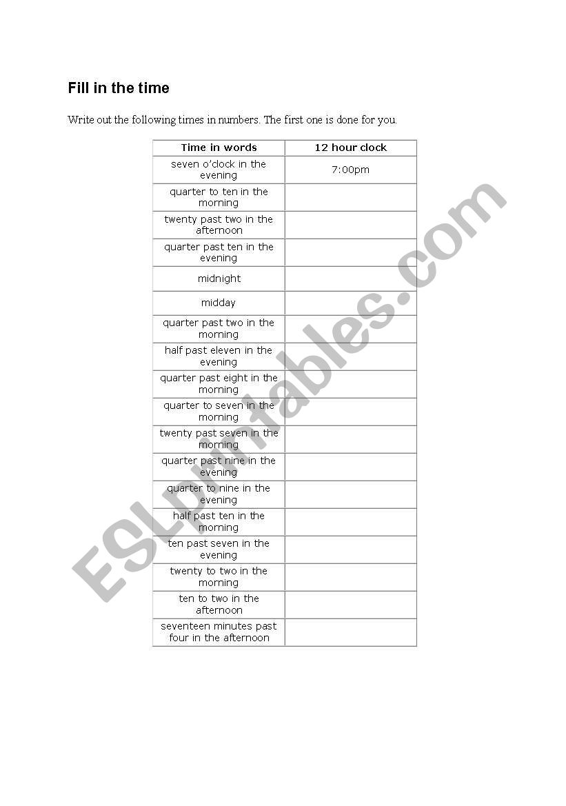 time in words worksheet