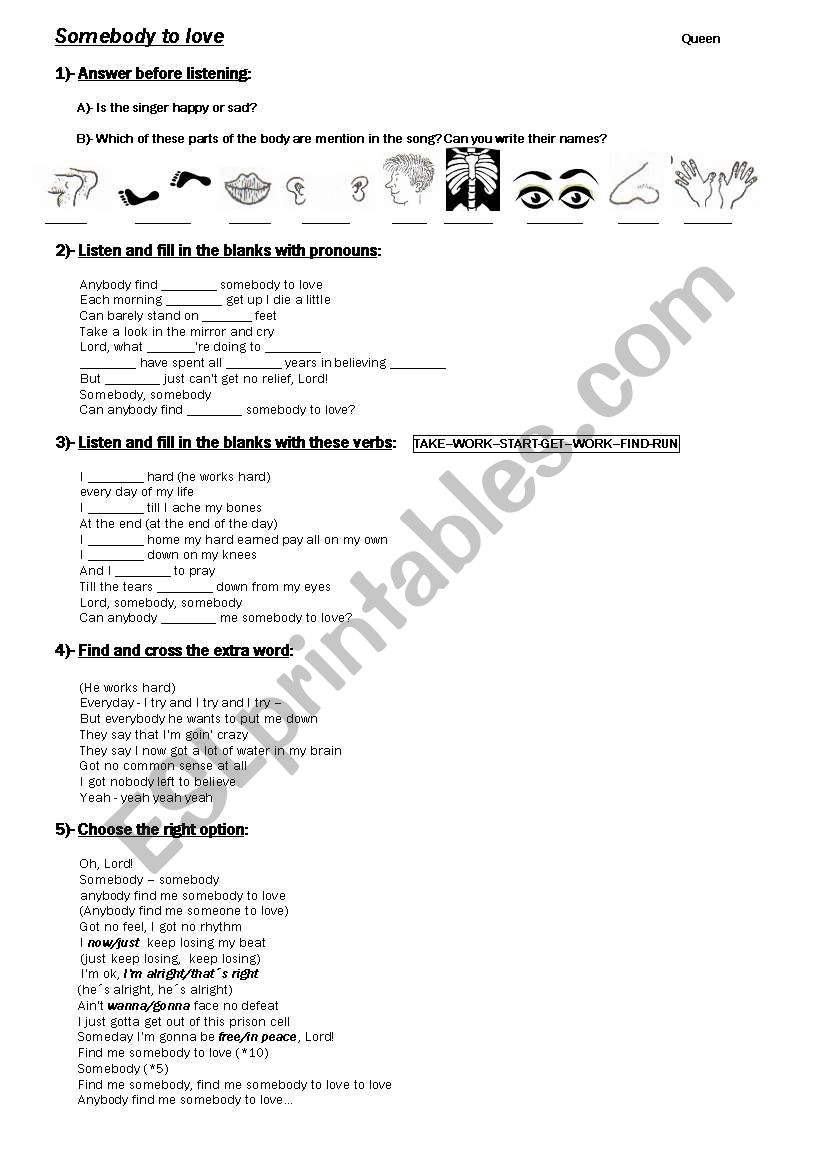 somebody to love worksheet