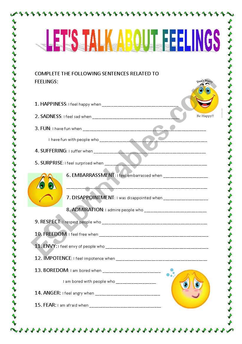 Lets talk about feelings worksheet