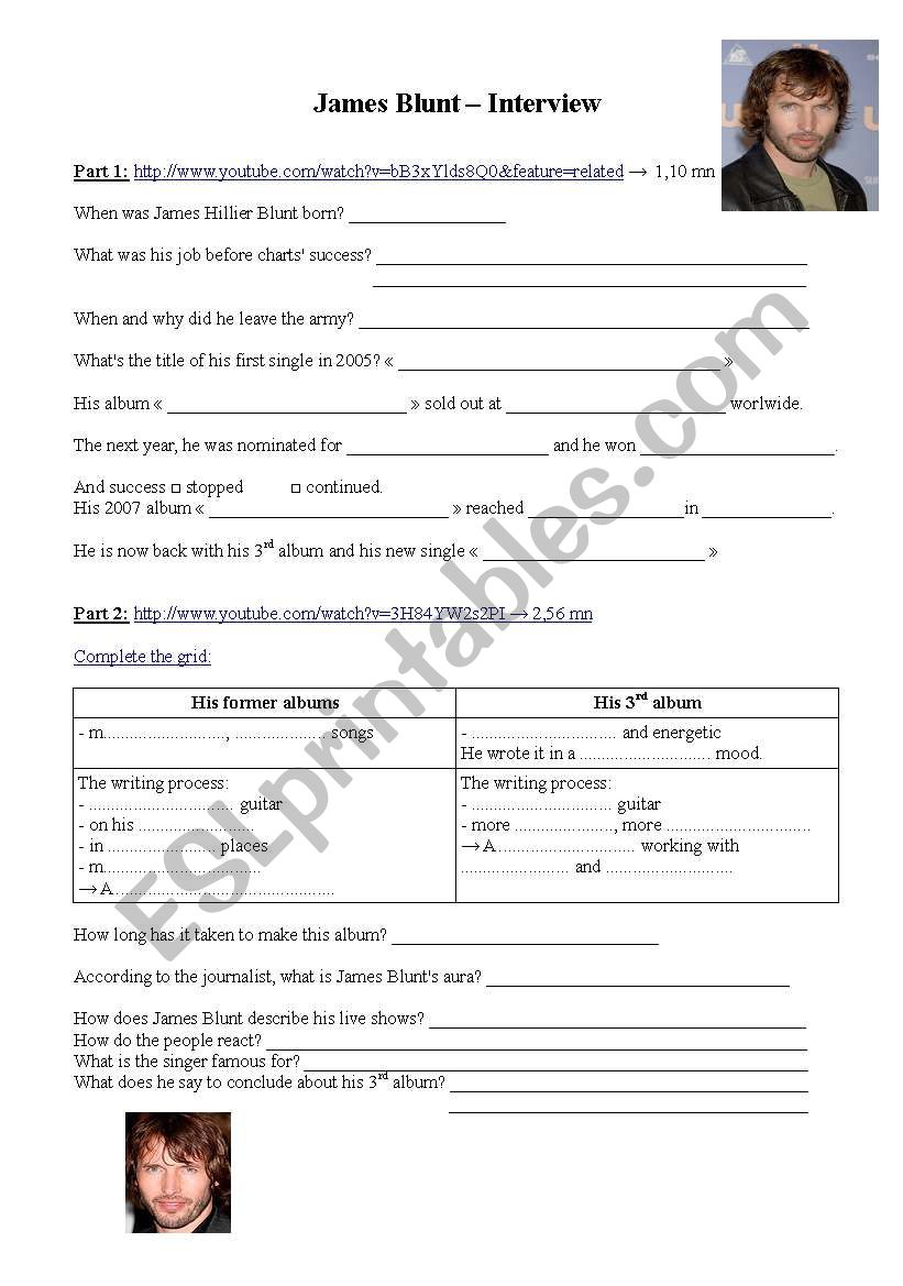 James Blunt - Interview worksheet