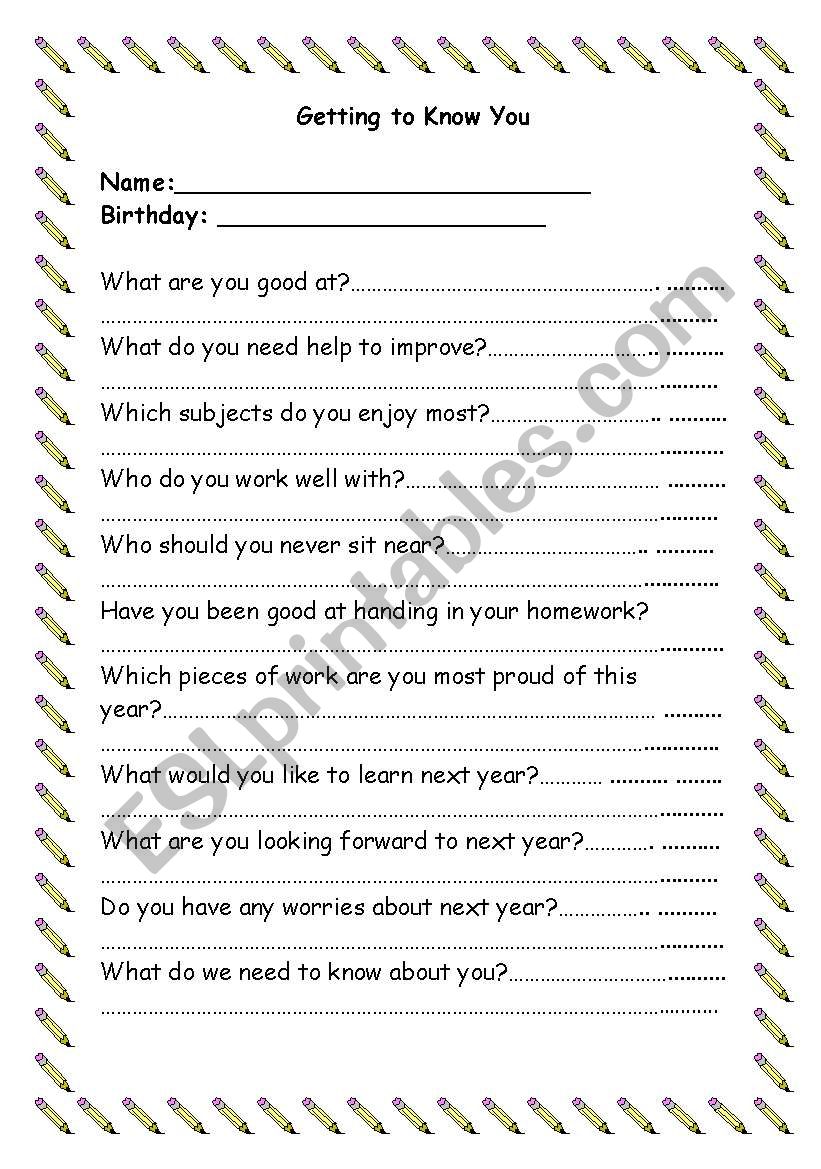 Getting to know you worksheet