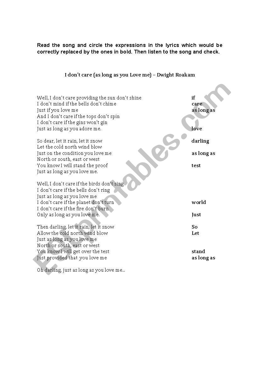 Song - I don´t care (as long as you love me) - ESL worksheet by Teacher ...