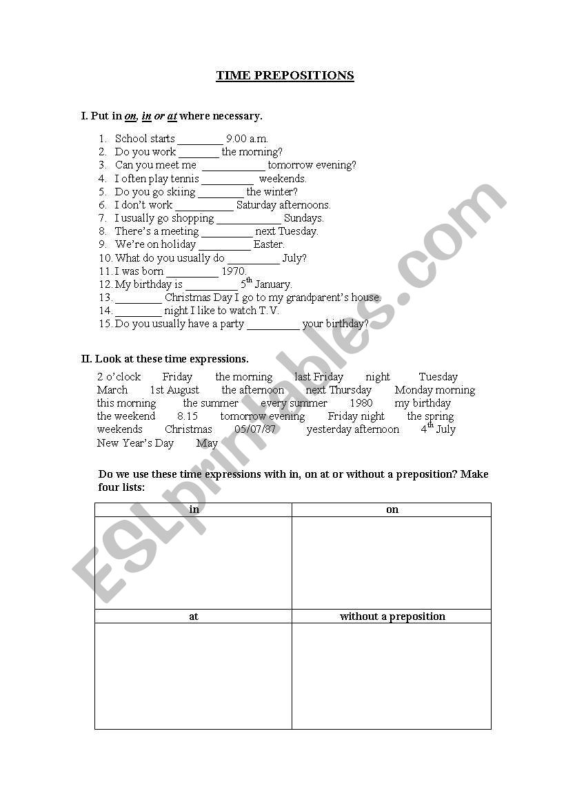 Time prepositions worksheet