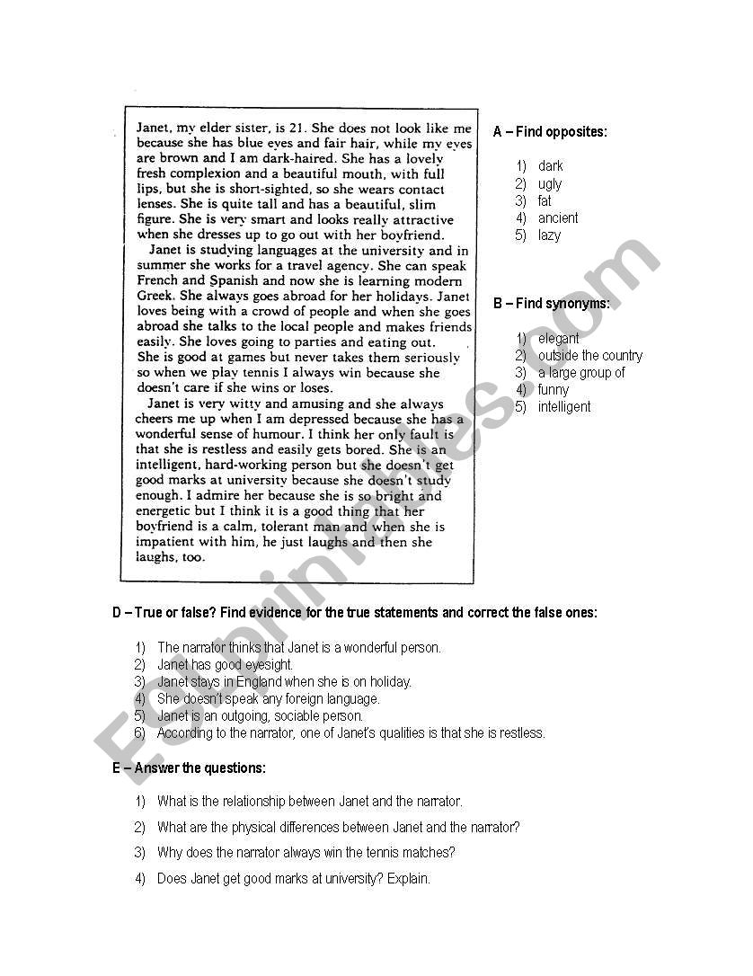 My sister Janet worksheet