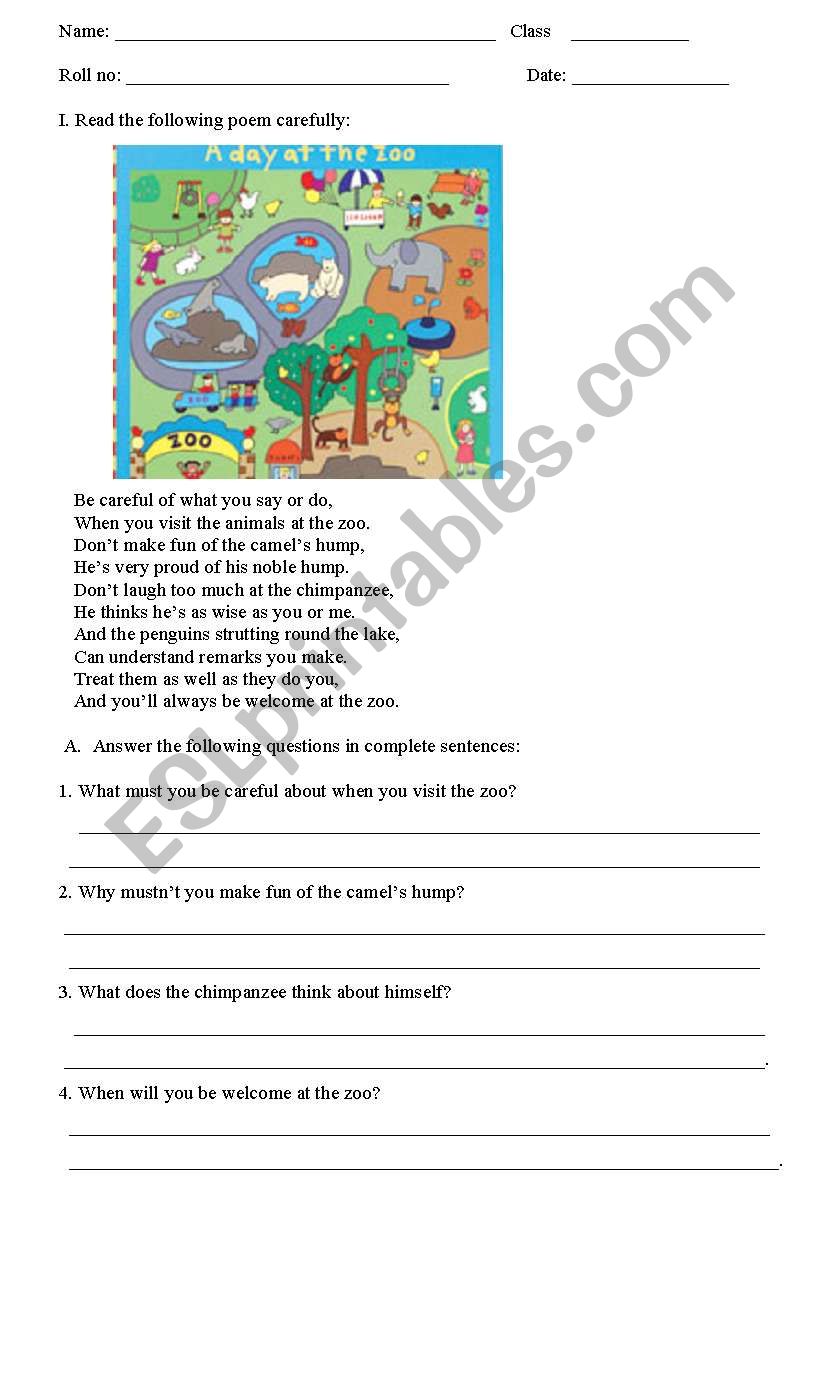 poem comprehension worksheet