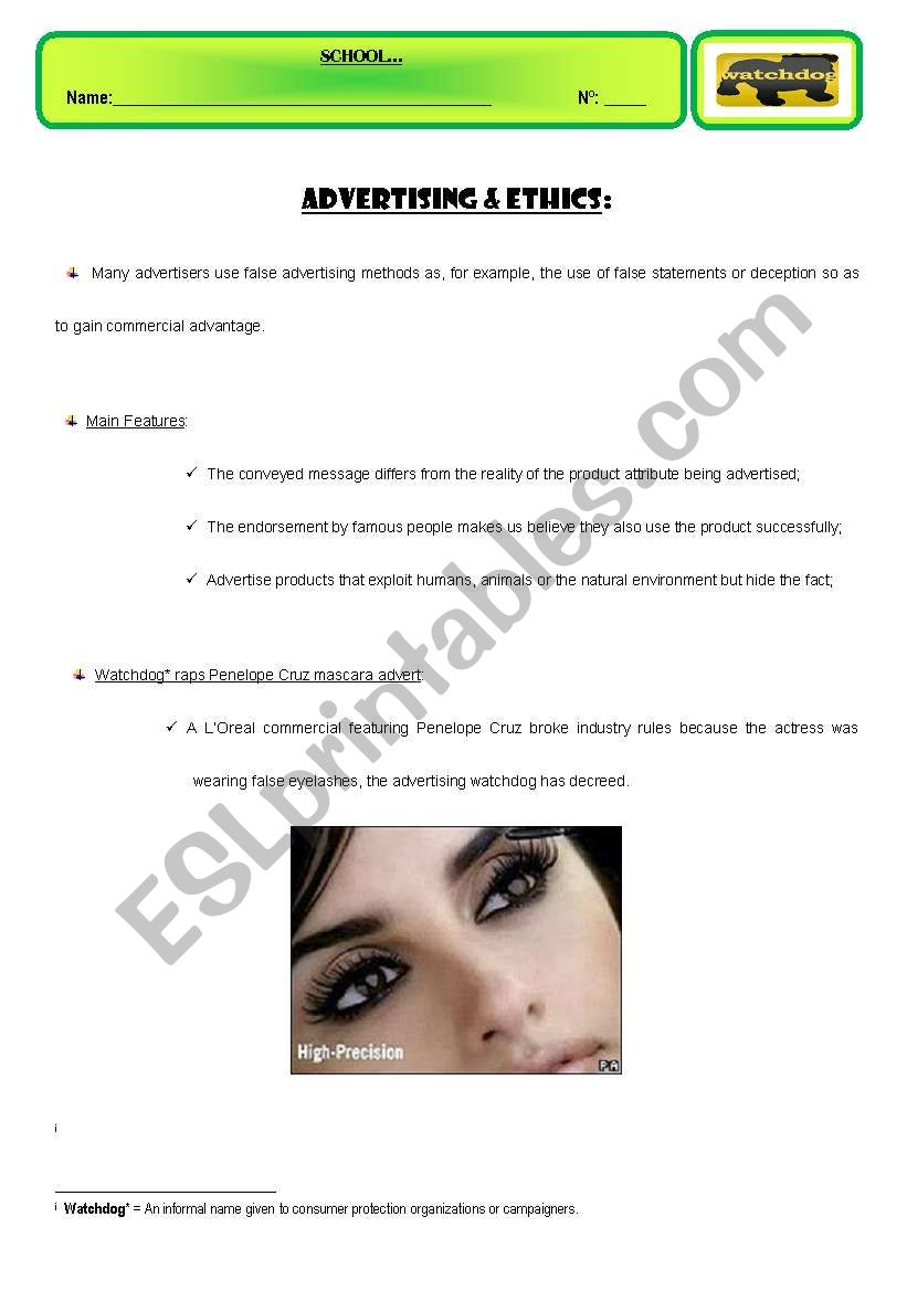 ADVERTISING & ETHICS worksheet