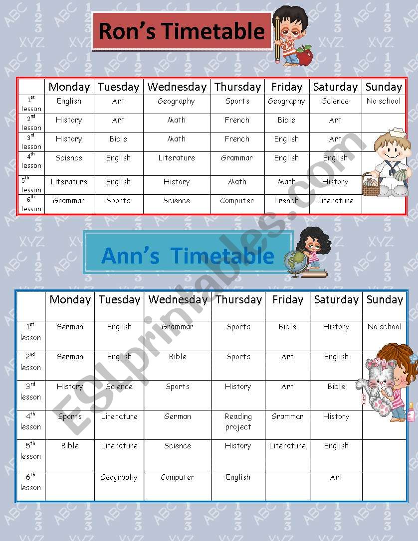 Rons and Anns Timetables worksheet