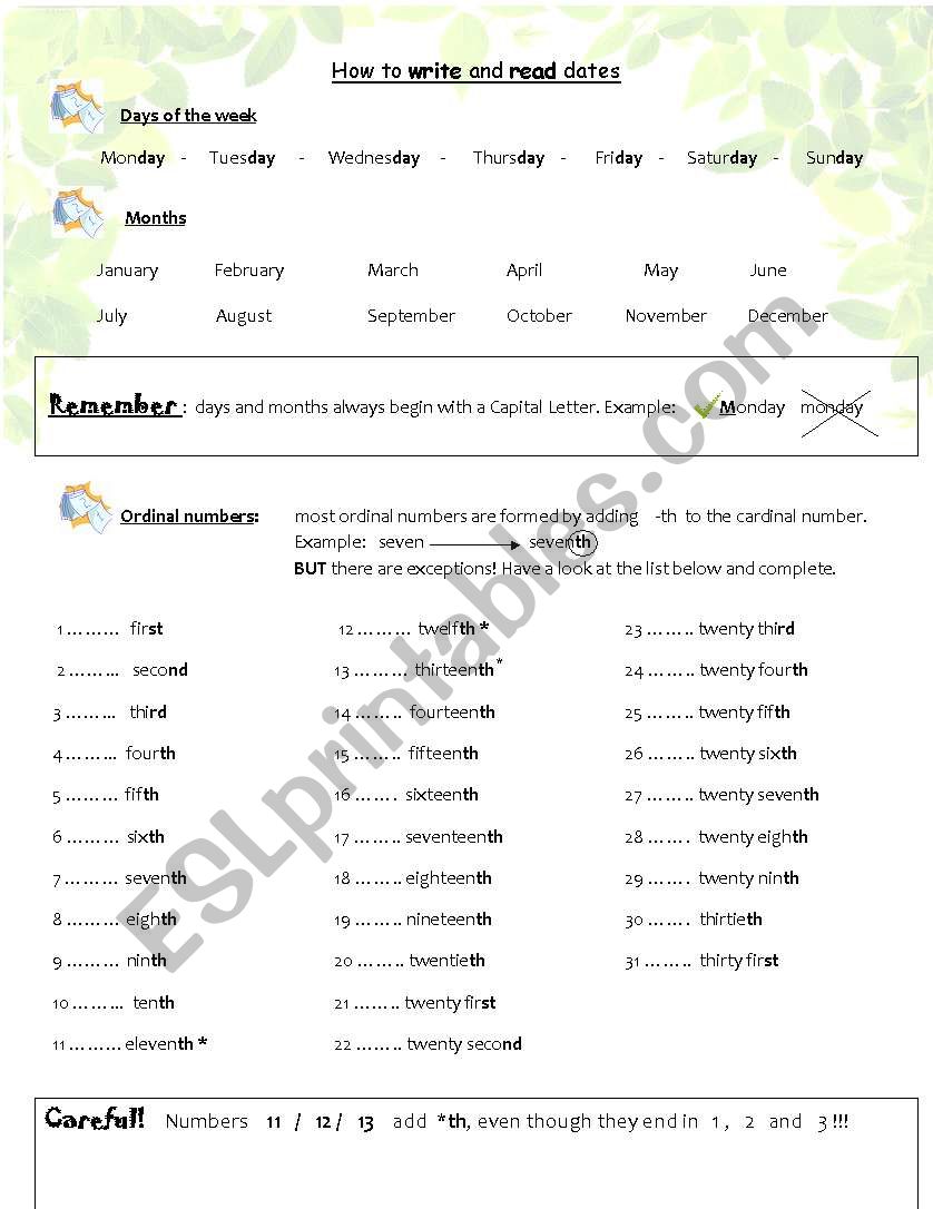 Days, dates, months and years worksheet