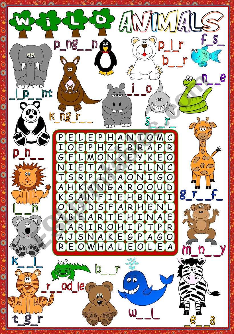 Wild animals - WORDSEARCH (B&W included)