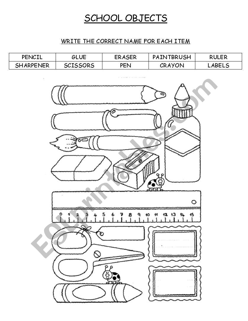 school objects worksheet