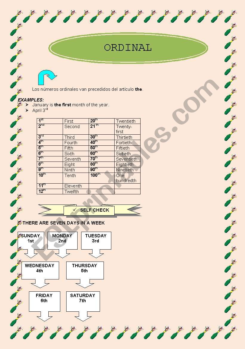 KNOWING ORDINAL NUMBERS worksheet