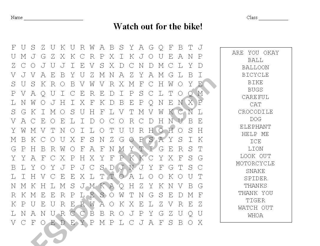 Watch out! Wordsearch worksheet