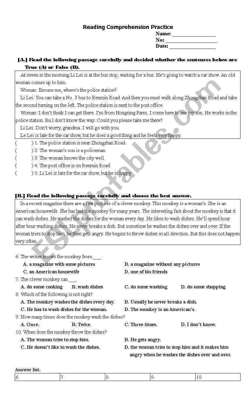 reading practice worksheet