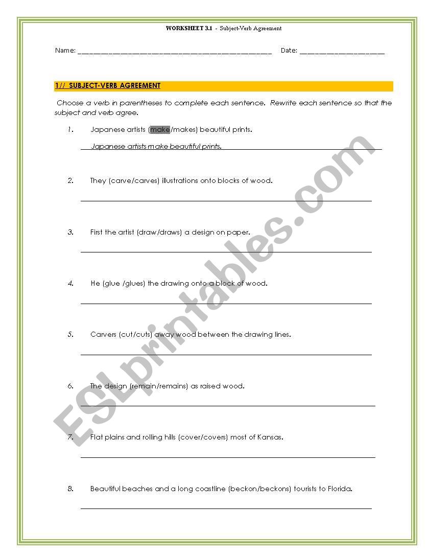 Subject - Verb Agreement worksheet