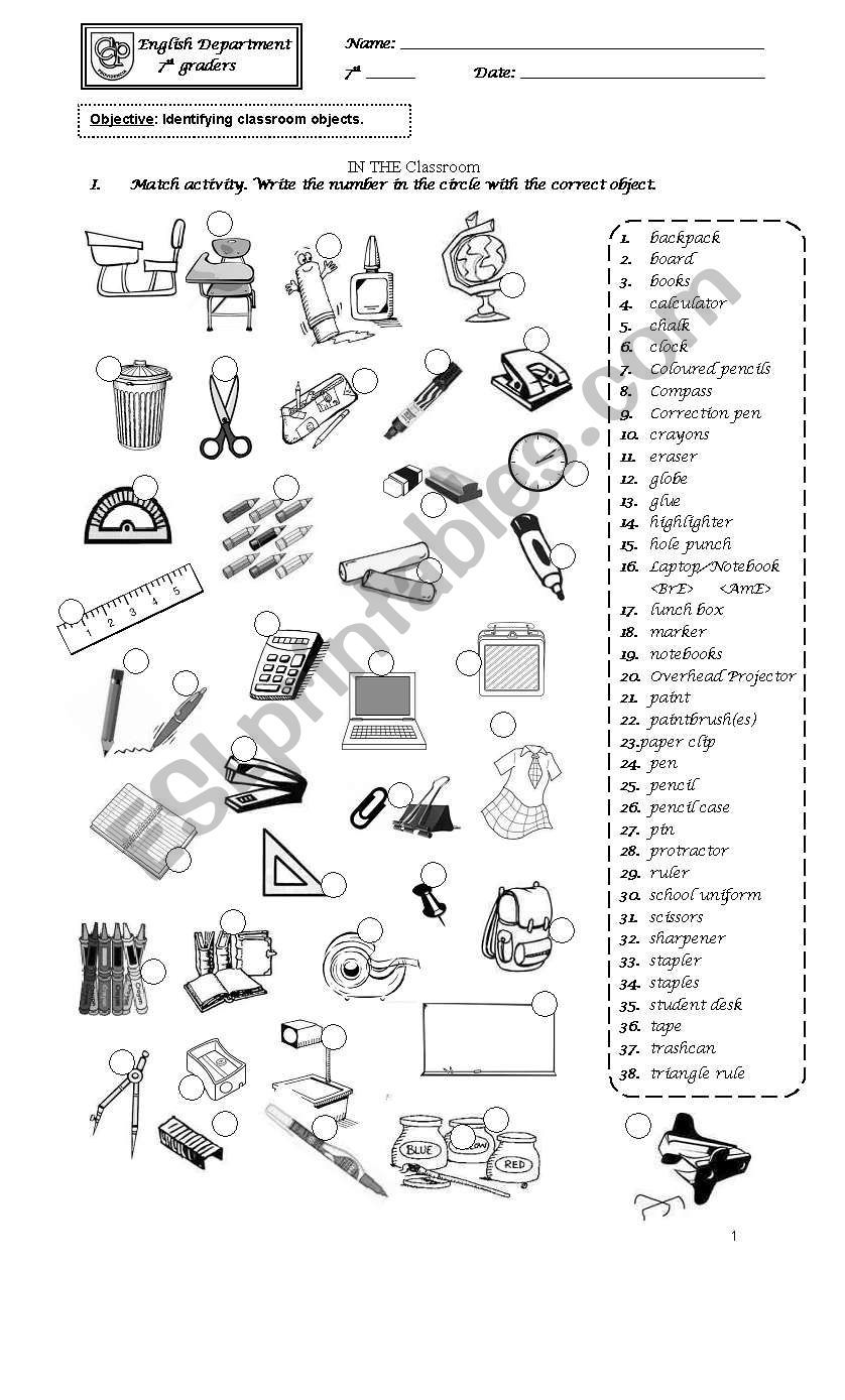 Classroom Objects worksheet