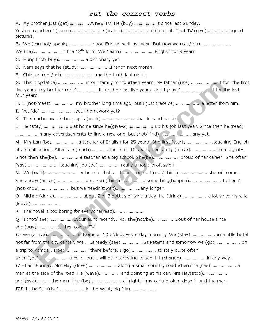 put the correct verbs worksheet