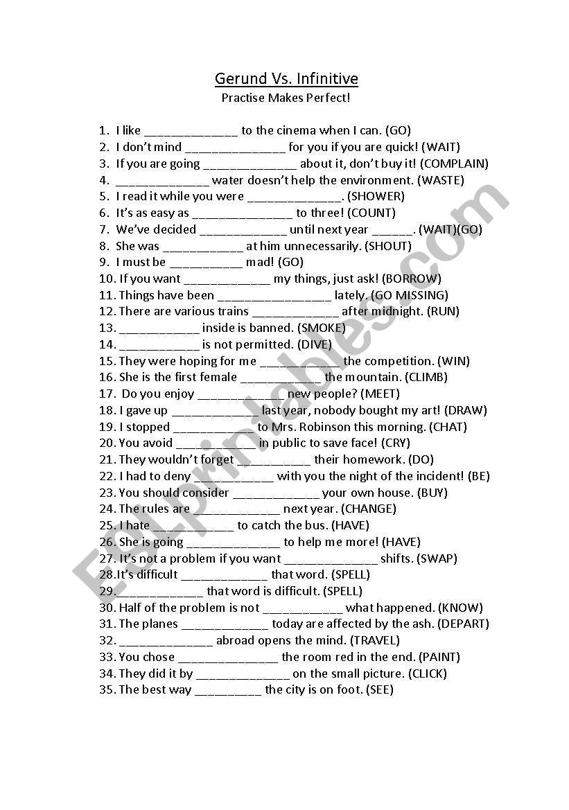 Gerund Vs Infinitive*Practise*Mass Printing Friendly*