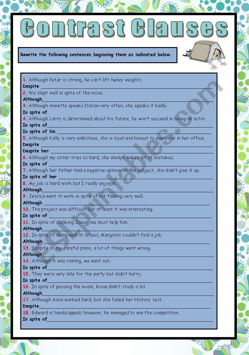 Contrast clauses worksheet