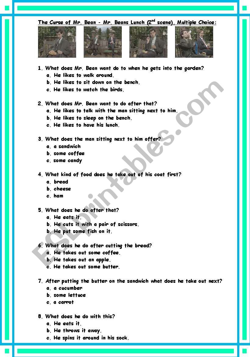 Mr. Beans Lunch worksheet