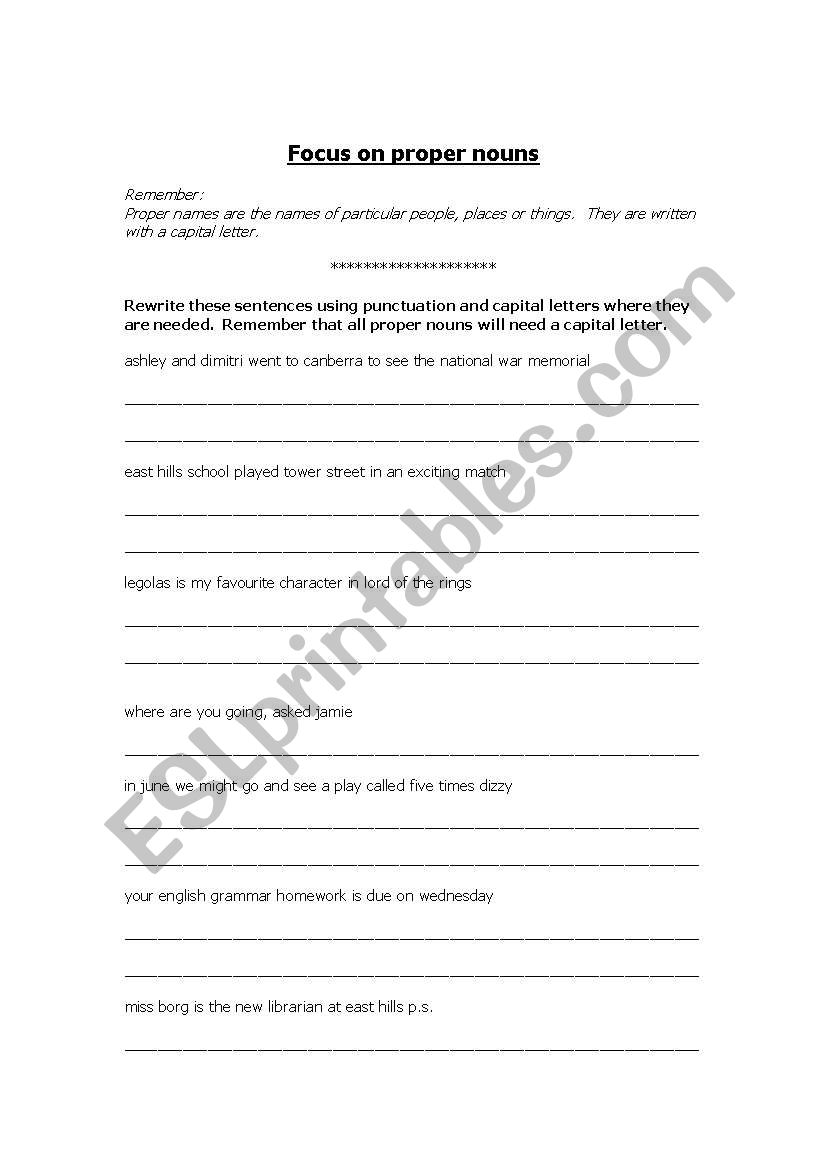 Focus on Proper Nouns worksheet