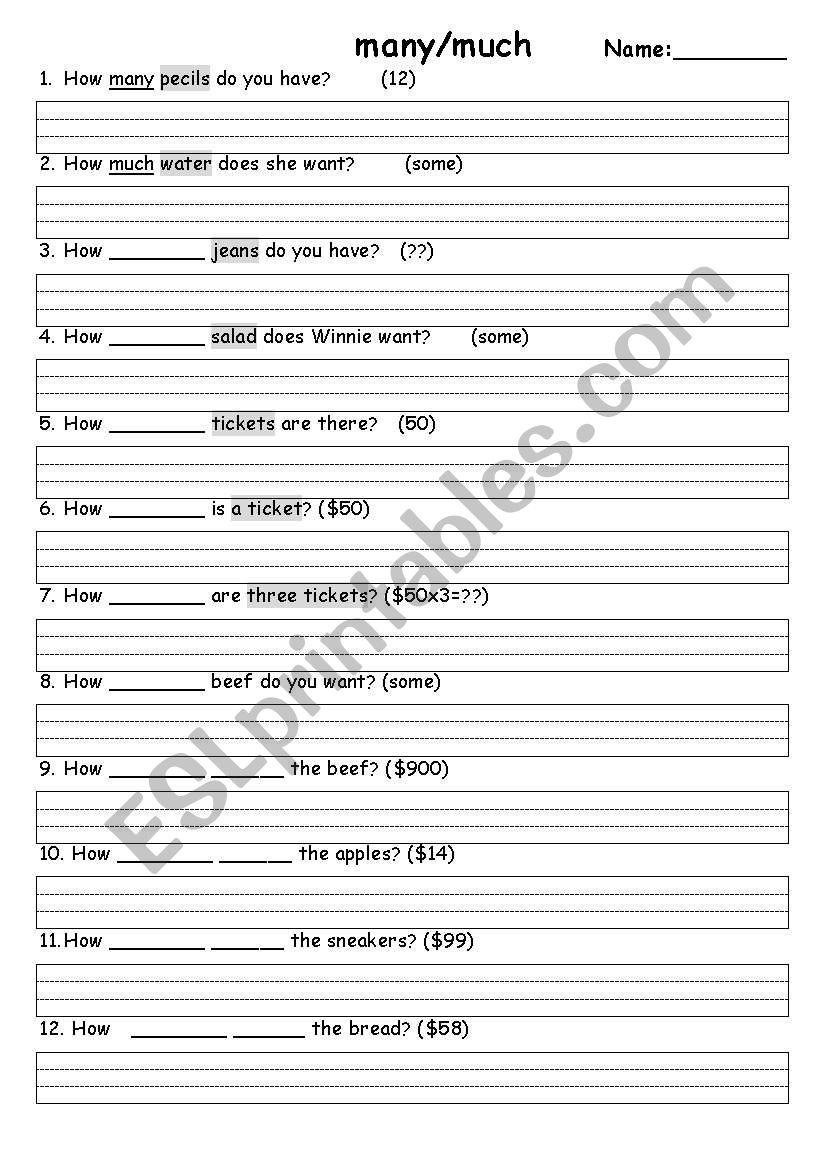 many&much worksheet