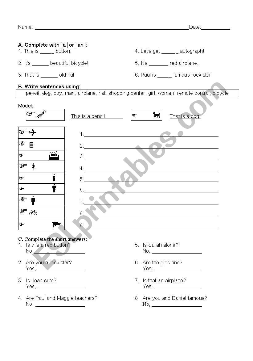 Review activities of a/an this/that, verb to be