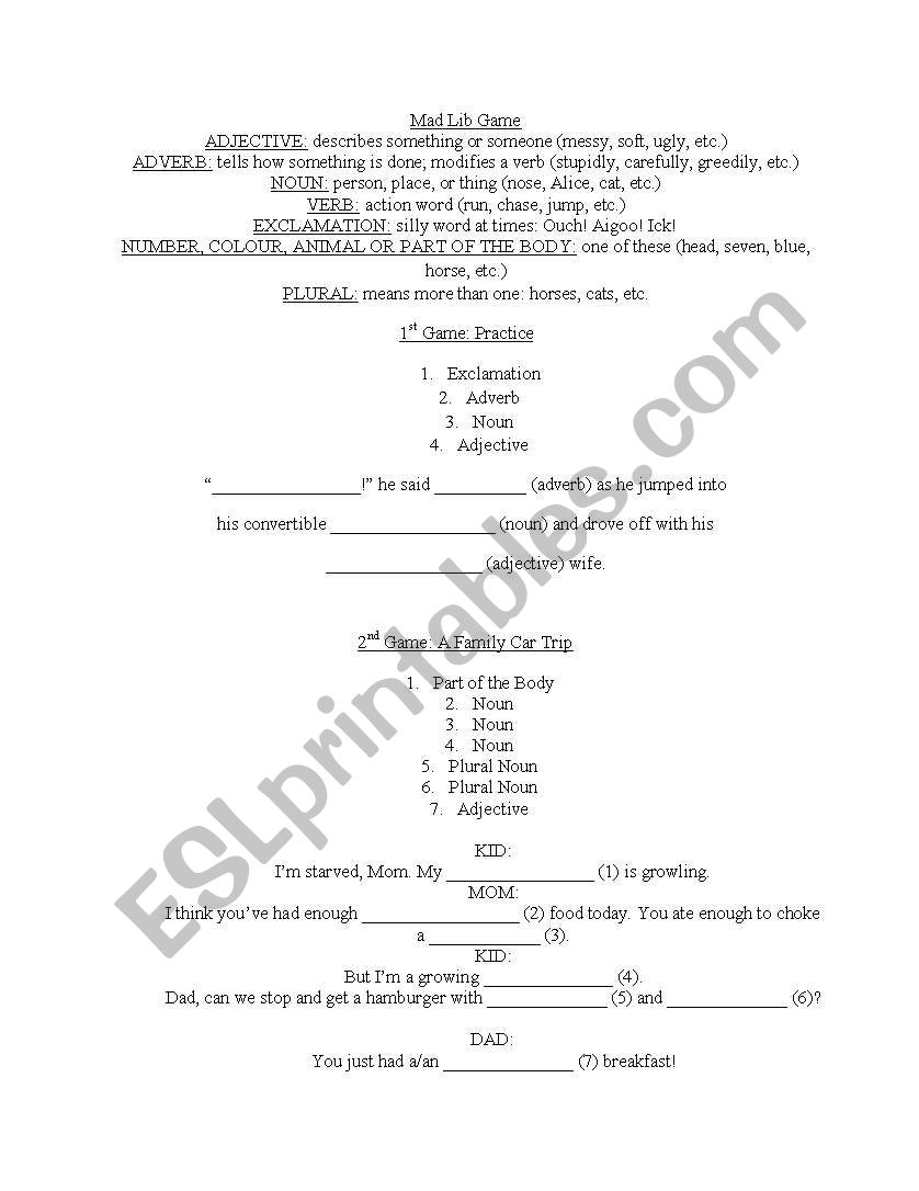 Mad Lib worksheet