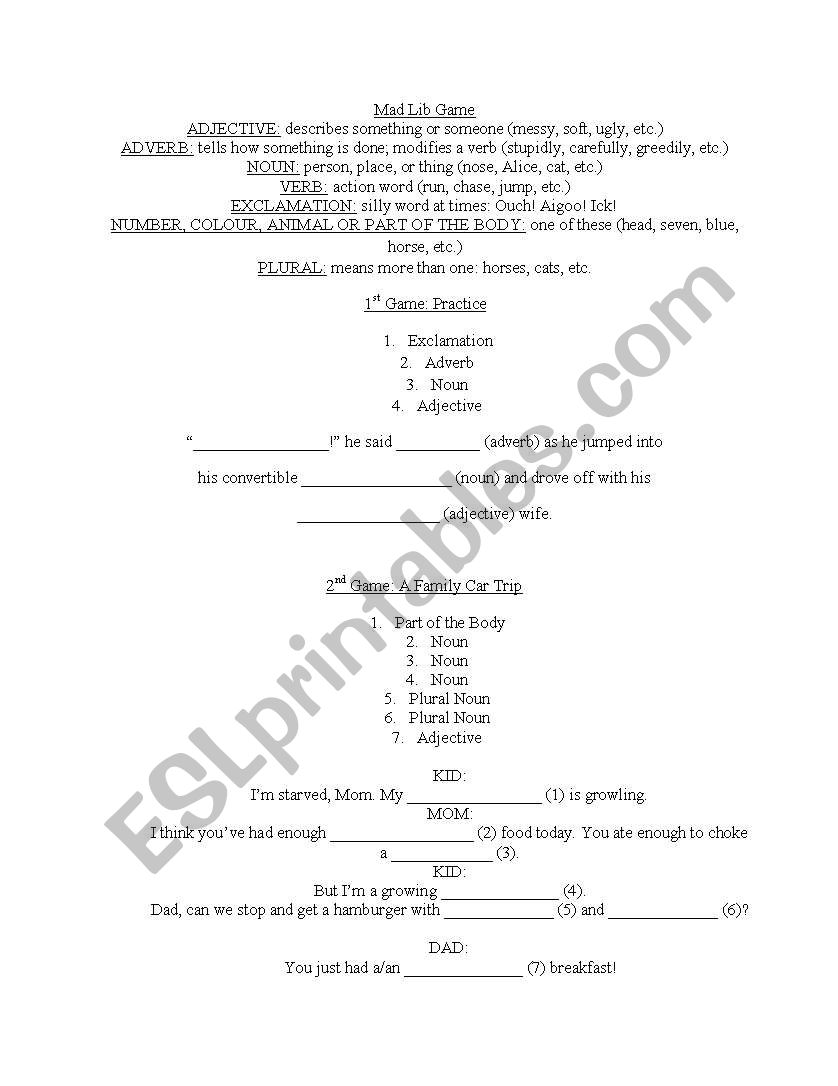 Mad Lib worksheet