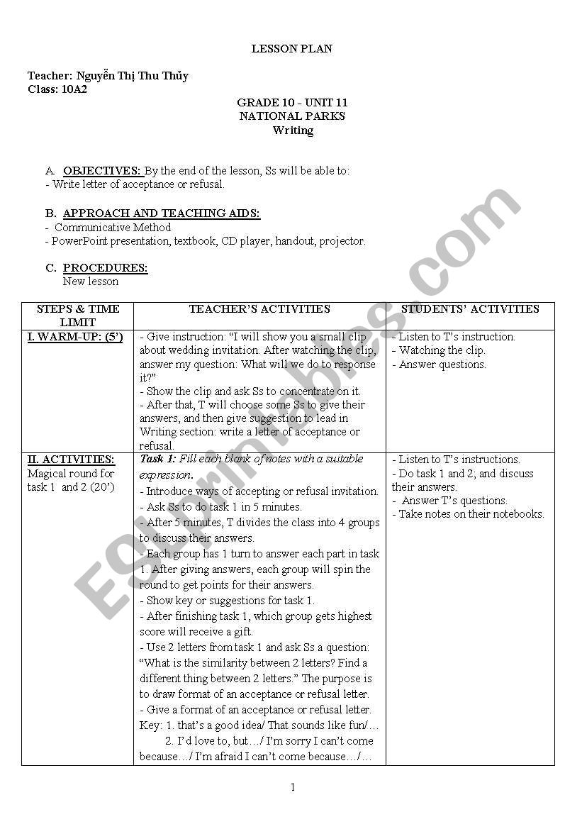 a lesson plan for wrting period.