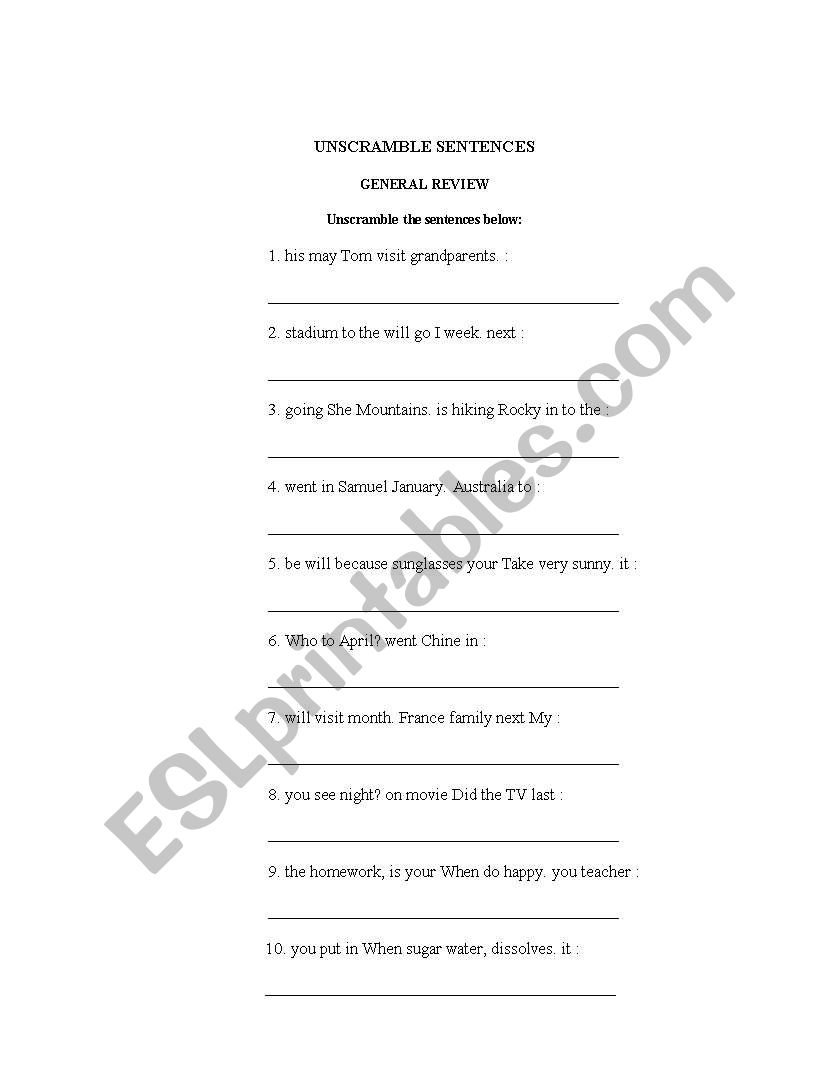 unscramble the sentences worksheet