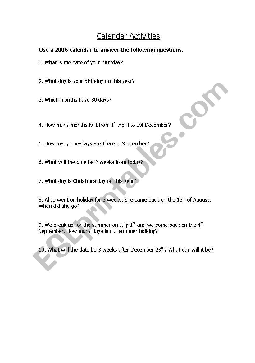 calendar activities worksheet