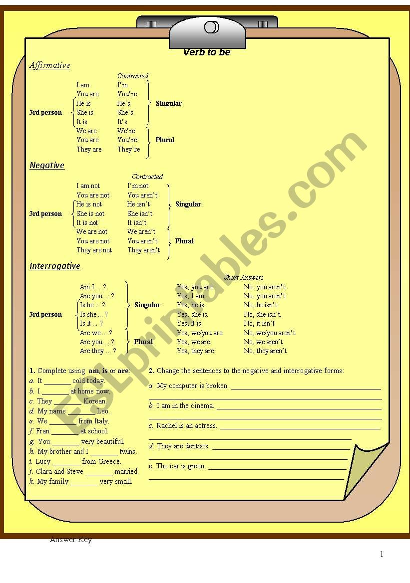 Verb to be - Answer key included